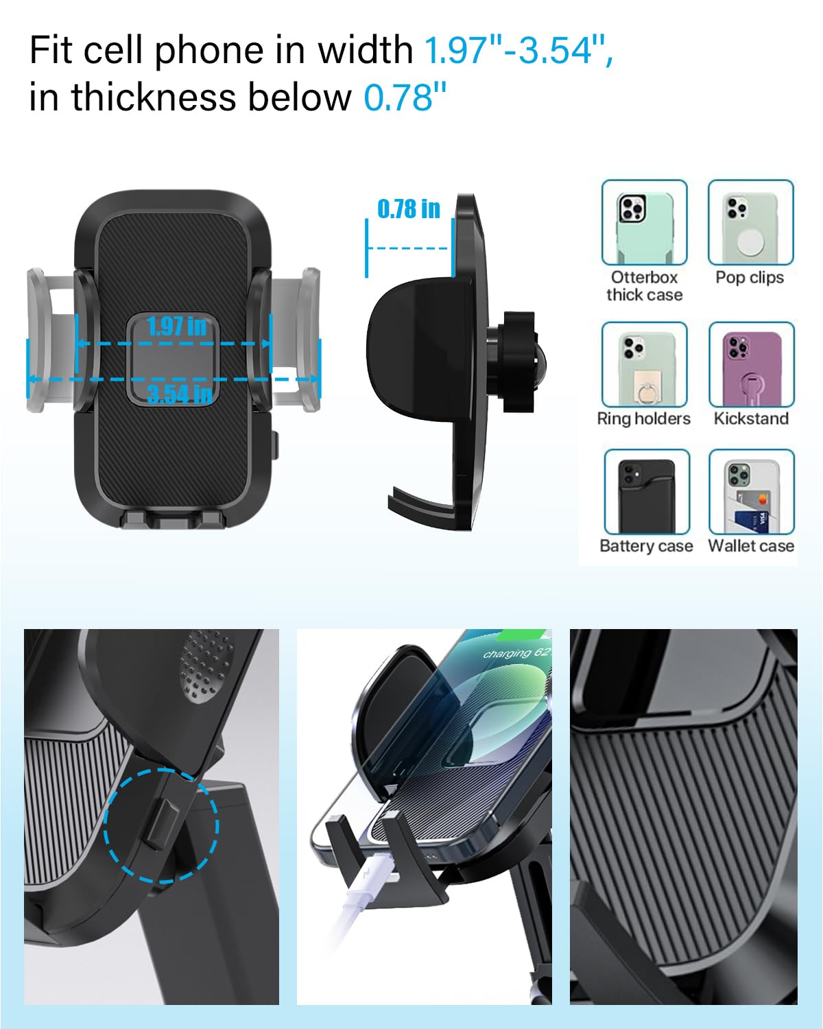 ENQINN Cup Holder Phone Mount for Car with Expandable Base, 2-in-1 Adjustable Cup Cellphone Holder Mount Compatible with iPhone Samsung Pixel and All Smartphones and Other Bottles Mugs in 3.4"-4.0"