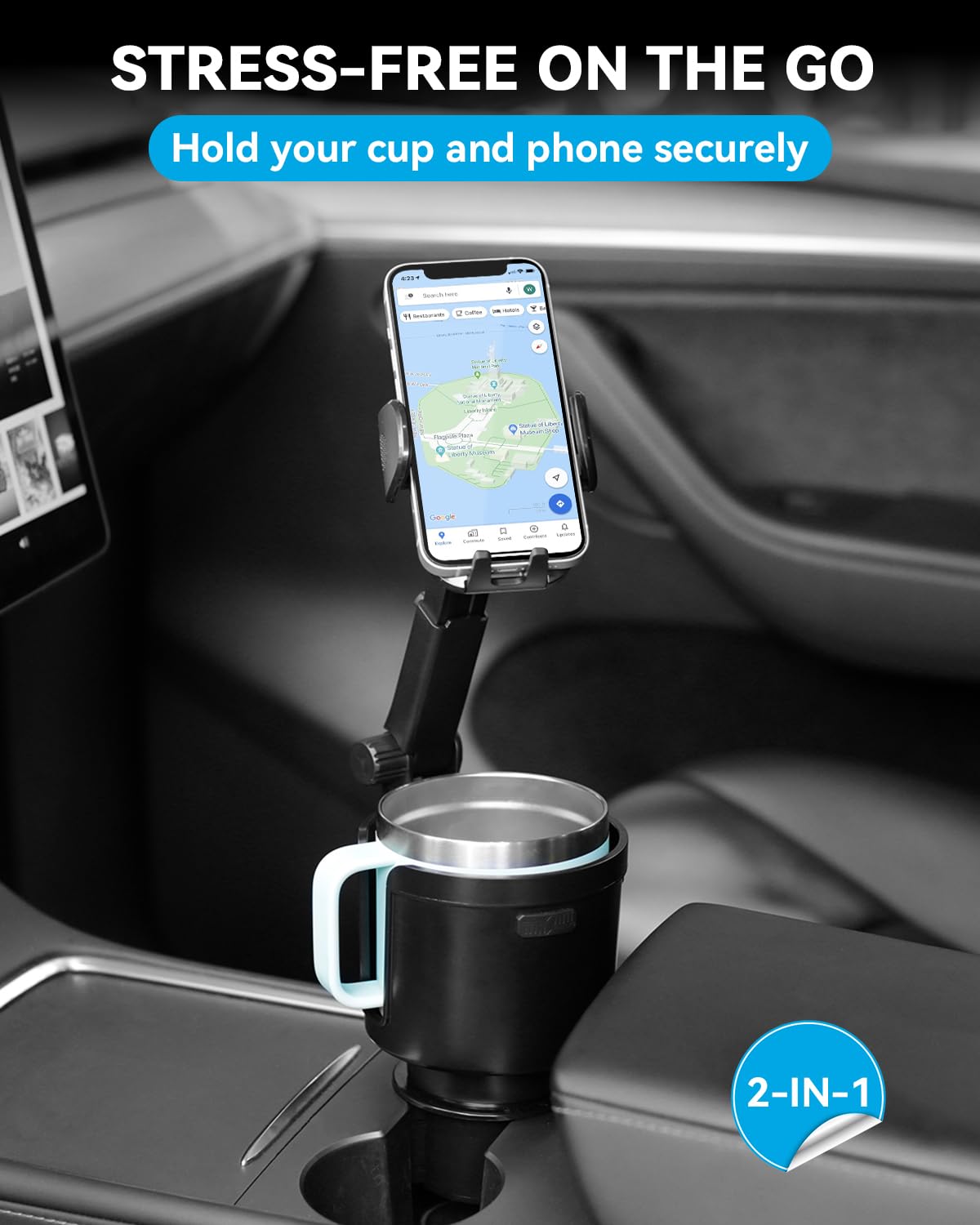 ENQINN Cup Holder Phone Mount for Car with Expandable Base, 2-in-1 Adjustable Cup Cellphone Holder Mount Compatible with iPhone Samsung Pixel and All Smartphones and Other Bottles Mugs in 3.4"-4.0"