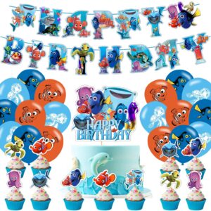 finding nemo birthday decorations, finding nemo party supplies include happy birthday banner, cake topper and cupcake toppers, balloons for finding dory party decor