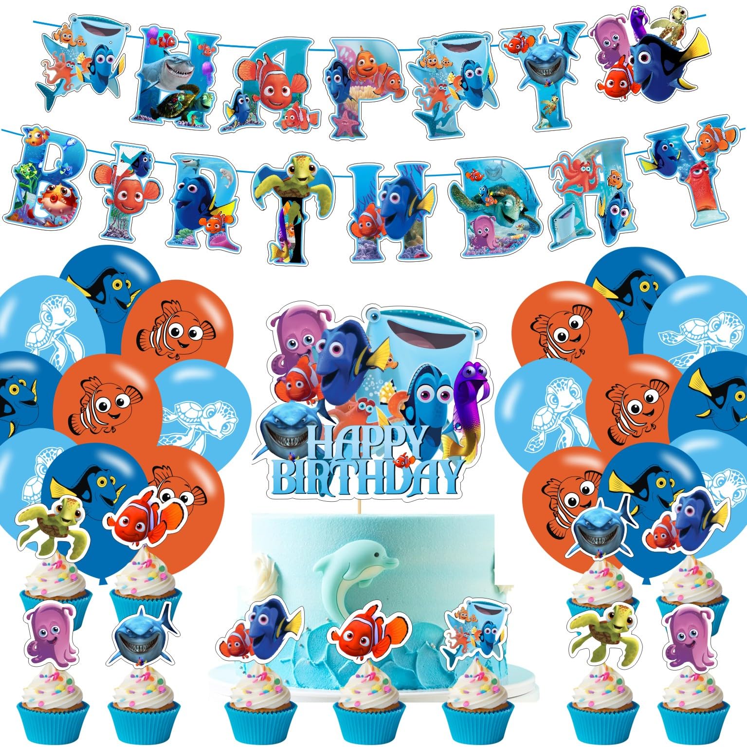 Finding Nemo Birthday Decorations, Finding Nemo Party Supplies Include Happy Birthday Banner, Cake Topper and Cupcake Toppers, Balloons for Finding Dory Party Decor