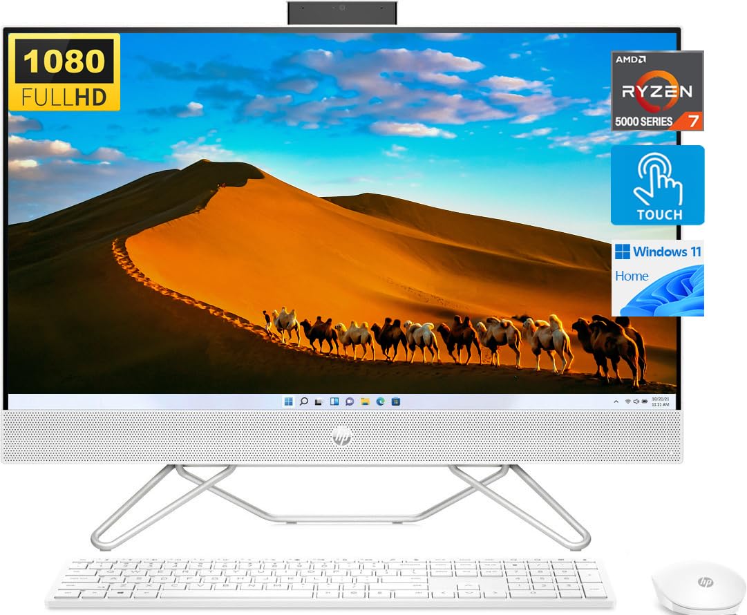 HP 27" Touchscreen All-in-One Desktop Computer, FHD IPS Display, AMD Ryzen 7 5700U(Beats i7-1265U), 32GB RAM, 2TB SSD, WiFi, 1080P Webcam, Wireless KB/Mouse Combo, Windows 11, Bundle with JAWFOAL