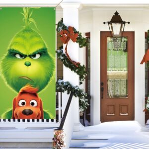 Nepnuser Grinchmas Door Cover Christmas Green Elf Decoration Winter Holiday Party Backdrop Door Hanging Banner