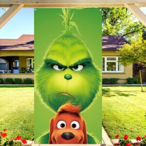 Nepnuser Grinchmas Door Cover Christmas Green Elf Decoration Winter Holiday Party Backdrop Door Hanging Banner