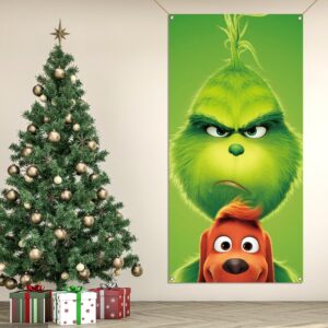 Nepnuser Grinchmas Door Cover Christmas Green Elf Decoration Winter Holiday Party Backdrop Door Hanging Banner