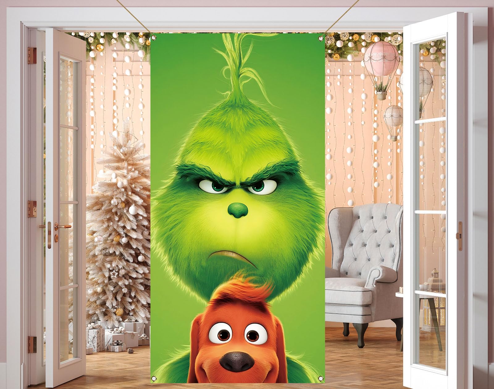 Nepnuser Grinchmas Door Cover Christmas Green Elf Decoration Winter Holiday Party Backdrop Door Hanging Banner