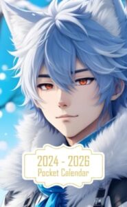 pocket calendar 2024-2026: two-year monthly planner for purse , 36 months from january 2024 to december 2026 | male anime character | wolf with winter coat