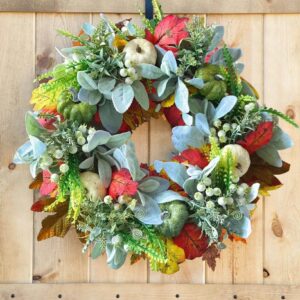 fall wreaths for front door harvest wreath with white pumpkin cotton lamb's ear eucalyptus leaves farmhouse autumn wreath for thanksgiving halloween decoration indoor outdoor (maple-13.77in)