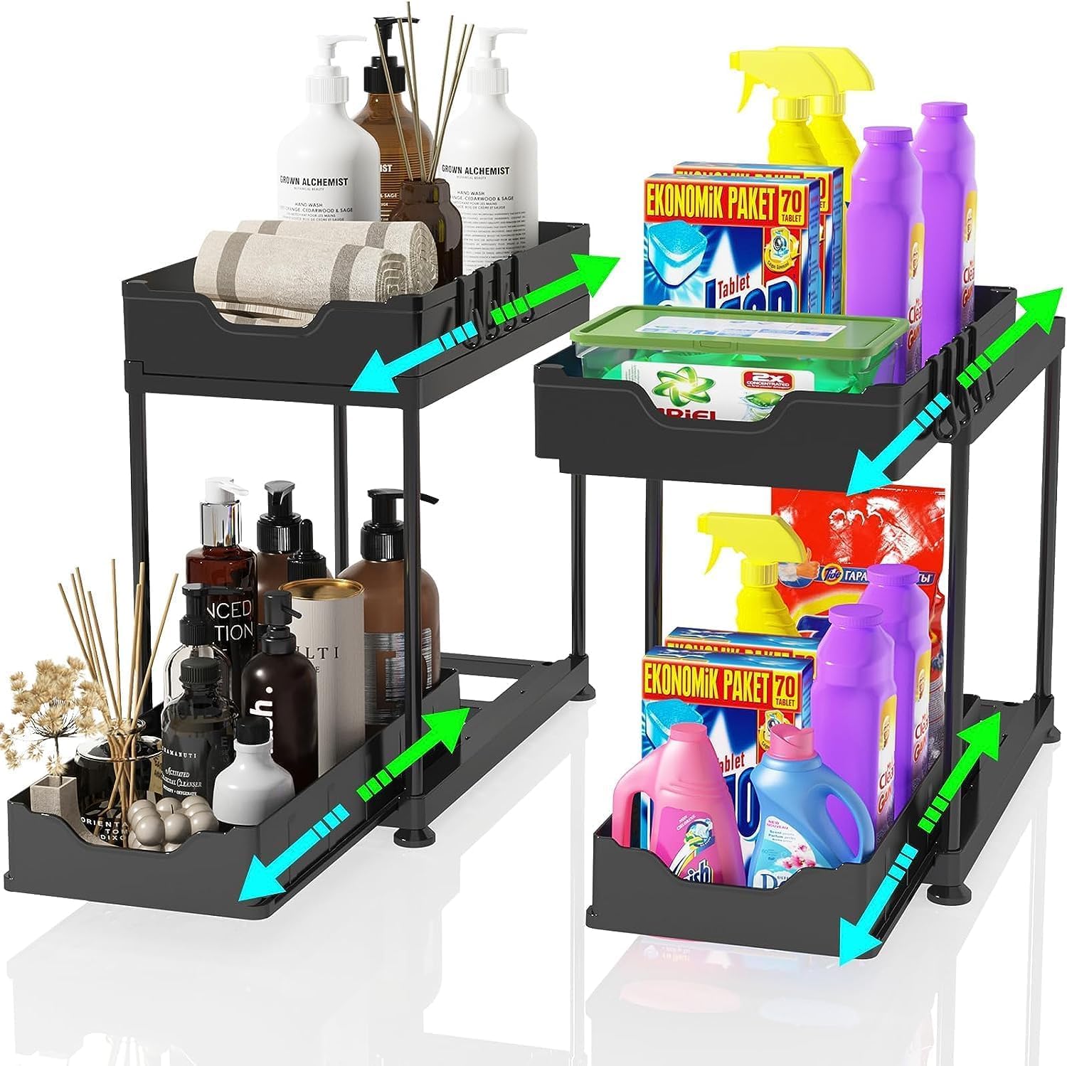 Double Sliding Under Sink Organizer, 2 Tier Pull Out, Multi-Use ABS Plastic, Easy to Assemble, Black