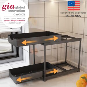 Double Sliding Under Sink Organizer, 2 Tier Pull Out, Multi-Use ABS Plastic, Easy to Assemble, Black