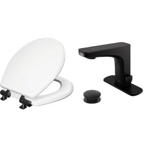 bathroom refresh bundle includes (1) round toilet seat with matte black hinges and (2) touchless bathroom faucets in matte black finish