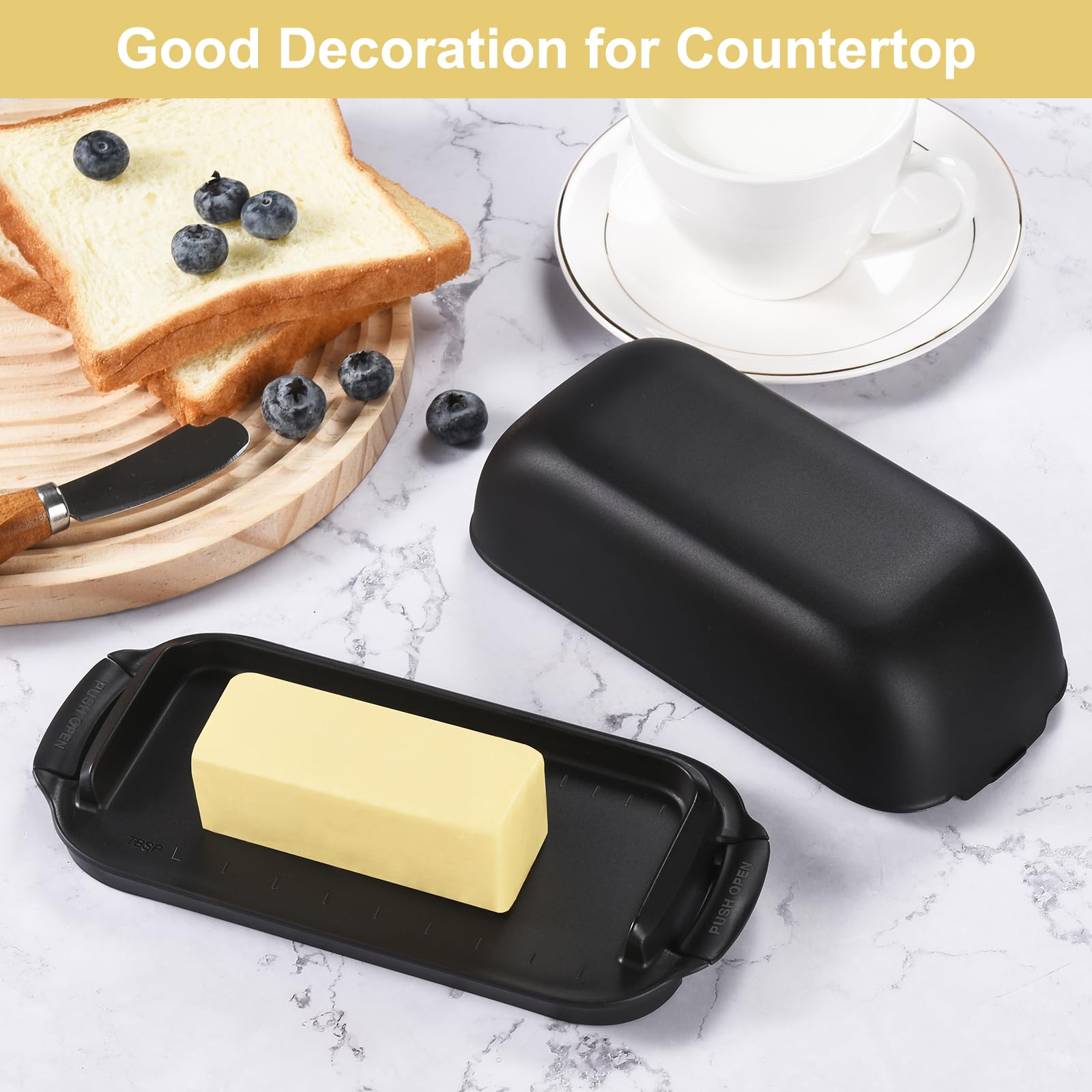 AONCO Butter Dish with Lid, Butter Container Holds for Countertop, Unbreakable Butter Keeper for Home Kitchen Decor, Perfect for East/West Coast Butter, BPA-free, Microwave/Dishwasher Safe (Black)