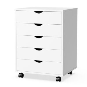olixis 5 drawer chest wood file cabinet rolling storage dresser with wheels for home office, white