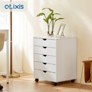 OLIXIS 5 Drawer Chest Wood File Cabinet Rolling Storage Dresser with Wheels for Home Office, White