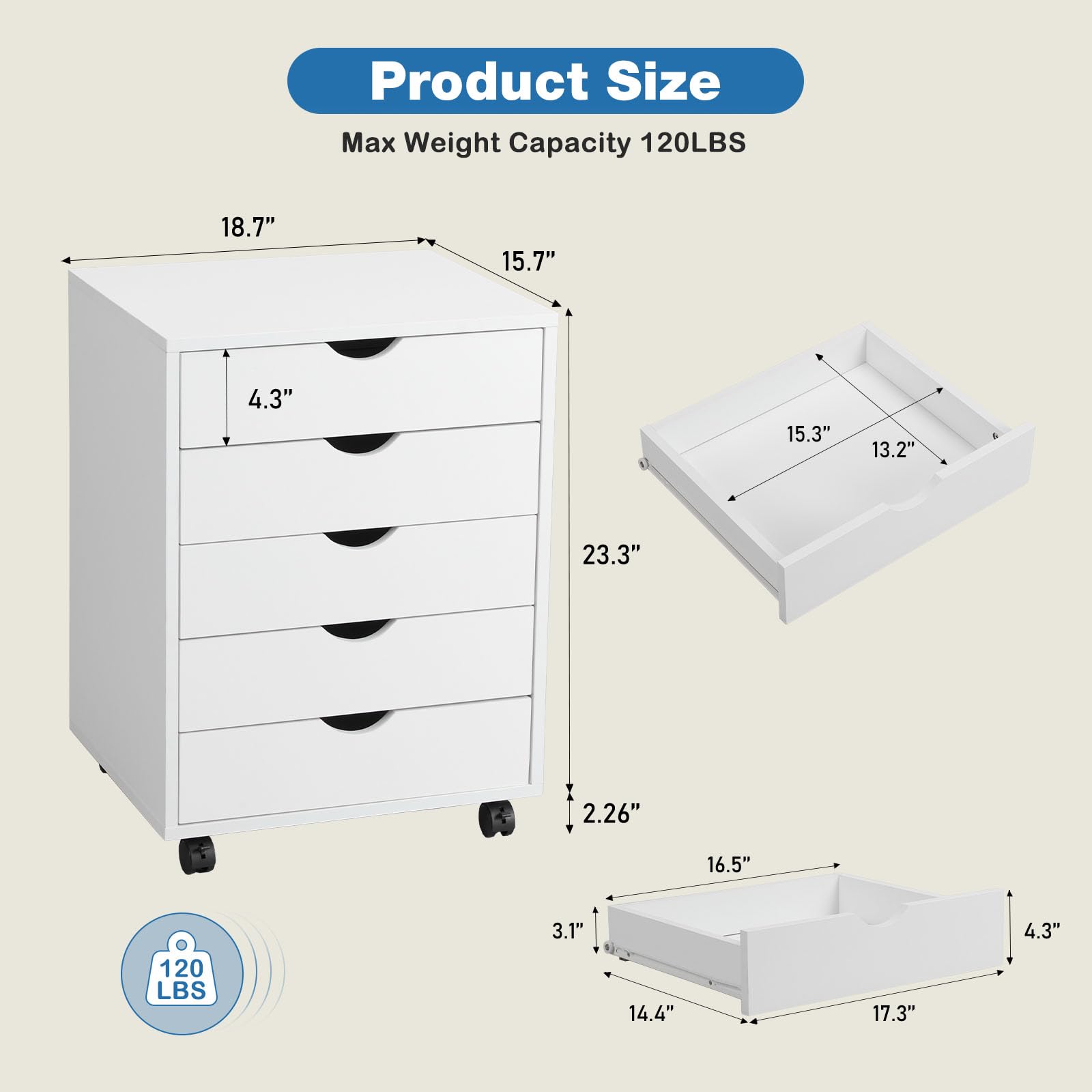 OLIXIS 5 Drawer Chest Wood File Cabinet Rolling Storage Dresser with Wheels for Home Office, White