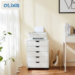 OLIXIS 5 Drawer Chest Wood File Cabinet Rolling Storage Dresser with Wheels for Home Office, White