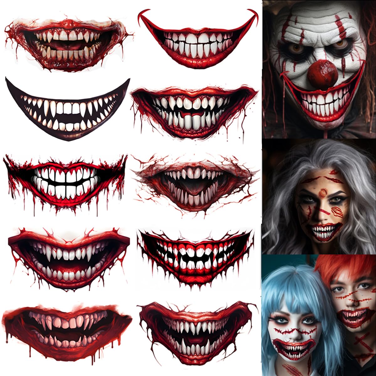 ENYACOS 10 Sheets Halloween Mouth Tattoos, Fake Scars Tattoos,Zombie Fake Wounds Tattoos, 3d Fake Scars Temporary Scary Face Tattoos，Halloween Face Stickers Halloween Make Up (A)