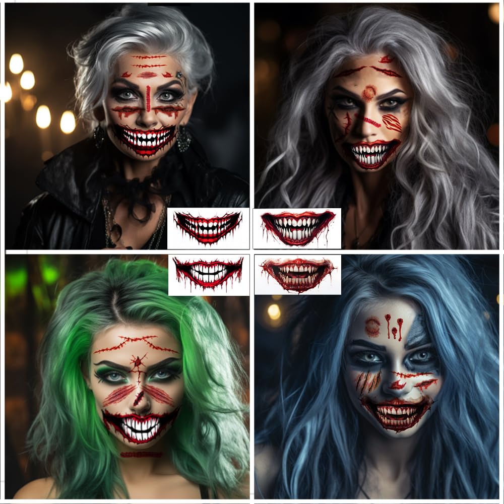 ENYACOS 10 Sheets Halloween Mouth Tattoos, Fake Scars Tattoos,Zombie Fake Wounds Tattoos, 3d Fake Scars Temporary Scary Face Tattoos，Halloween Face Stickers Halloween Make Up (A)