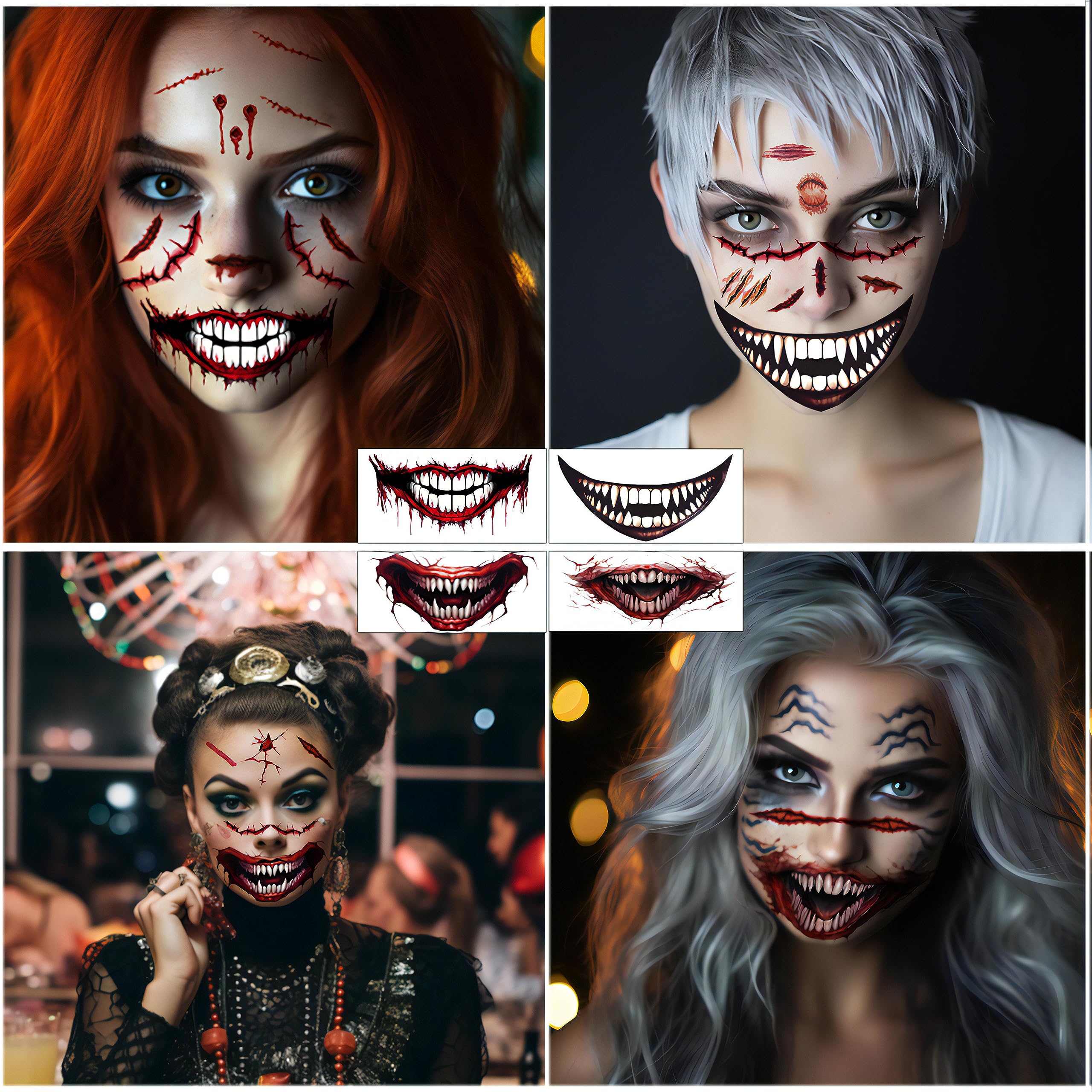 ENYACOS 10 Sheets Halloween Mouth Tattoos, Fake Scars Tattoos,Zombie Fake Wounds Tattoos, 3d Fake Scars Temporary Scary Face Tattoos，Halloween Face Stickers Halloween Make Up (A)