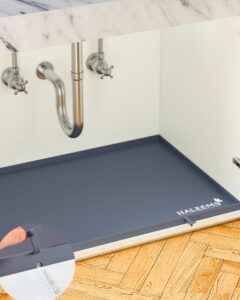 haleems under sink mat with unique drain hole design - silicone 34'' x 22'' under sink mats for bottom of kitchen sink - kitchen cabinet mats hold up to 3 gallons liquid, protector tray, easy to clean