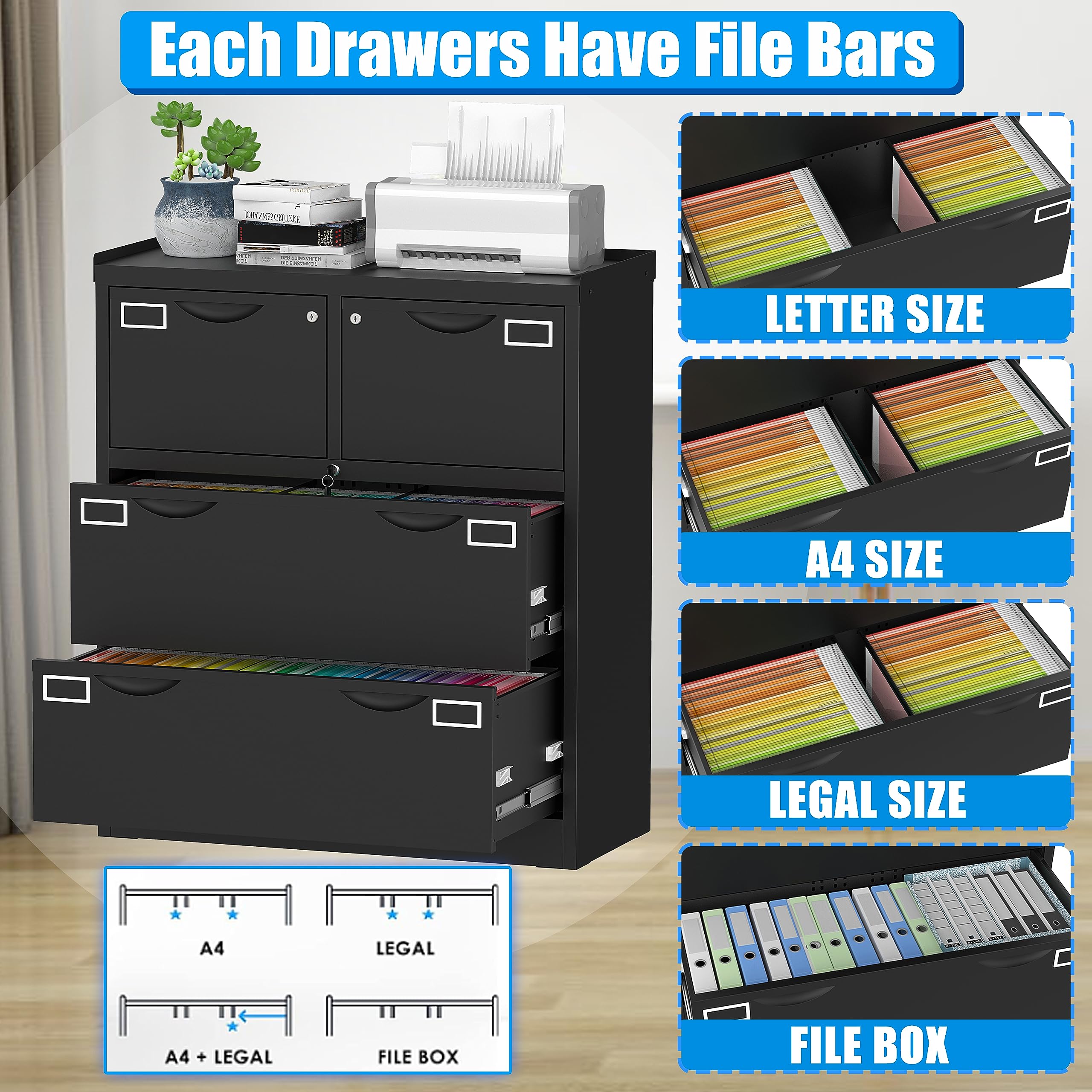 3 Drawer Lateral File Cabinet with Lock Metal Filing Storage Cabinet for A4 Legal/Letter Size File Cabinet Locked Steel Lateral File Drawers,Wide Filing Organization Storage Cabinets for Home Office