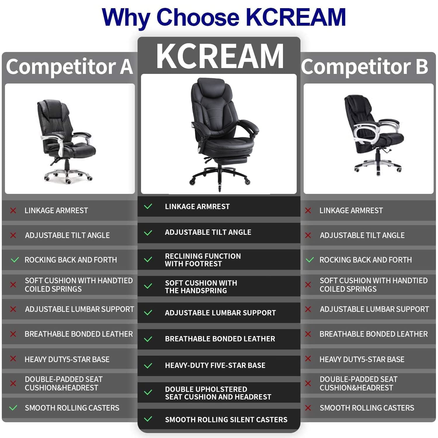 KCREAM Big and Tall Office Chair High Back Massage Reclining Office Chair with Footrest - Executive Computer Chair Home Office Desk Chair Thick Padded Strong Metal Base Quiet Wheels (Black)