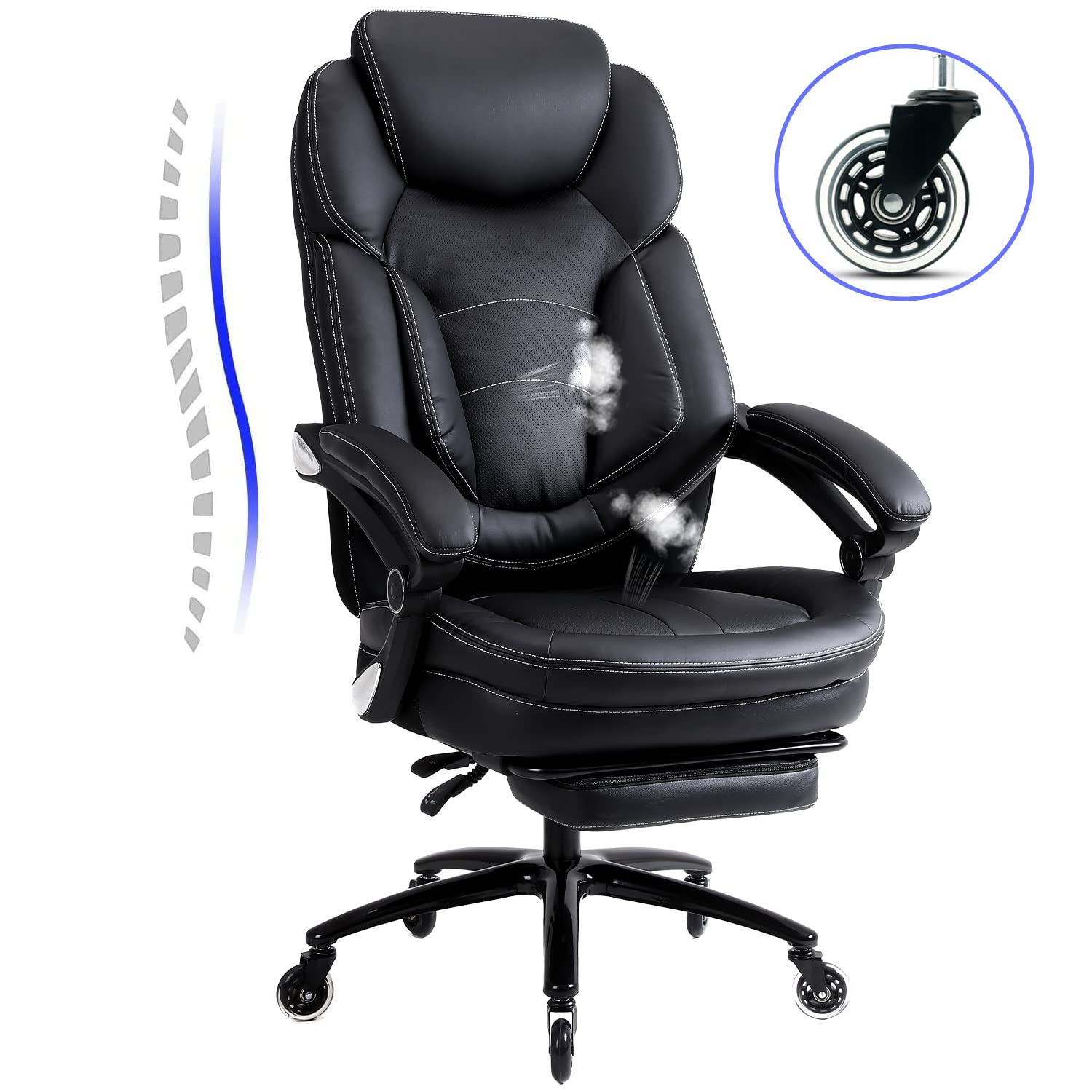 KCREAM Big and Tall Office Chair High Back Massage Reclining Office Chair with Footrest - Executive Computer Chair Home Office Desk Chair Thick Padded Strong Metal Base Quiet Wheels (Black)