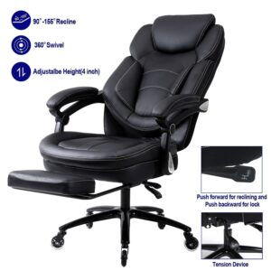 KCREAM Big and Tall Office Chair High Back Massage Reclining Office Chair with Footrest - Executive Computer Chair Home Office Desk Chair Thick Padded Strong Metal Base Quiet Wheels (Black)