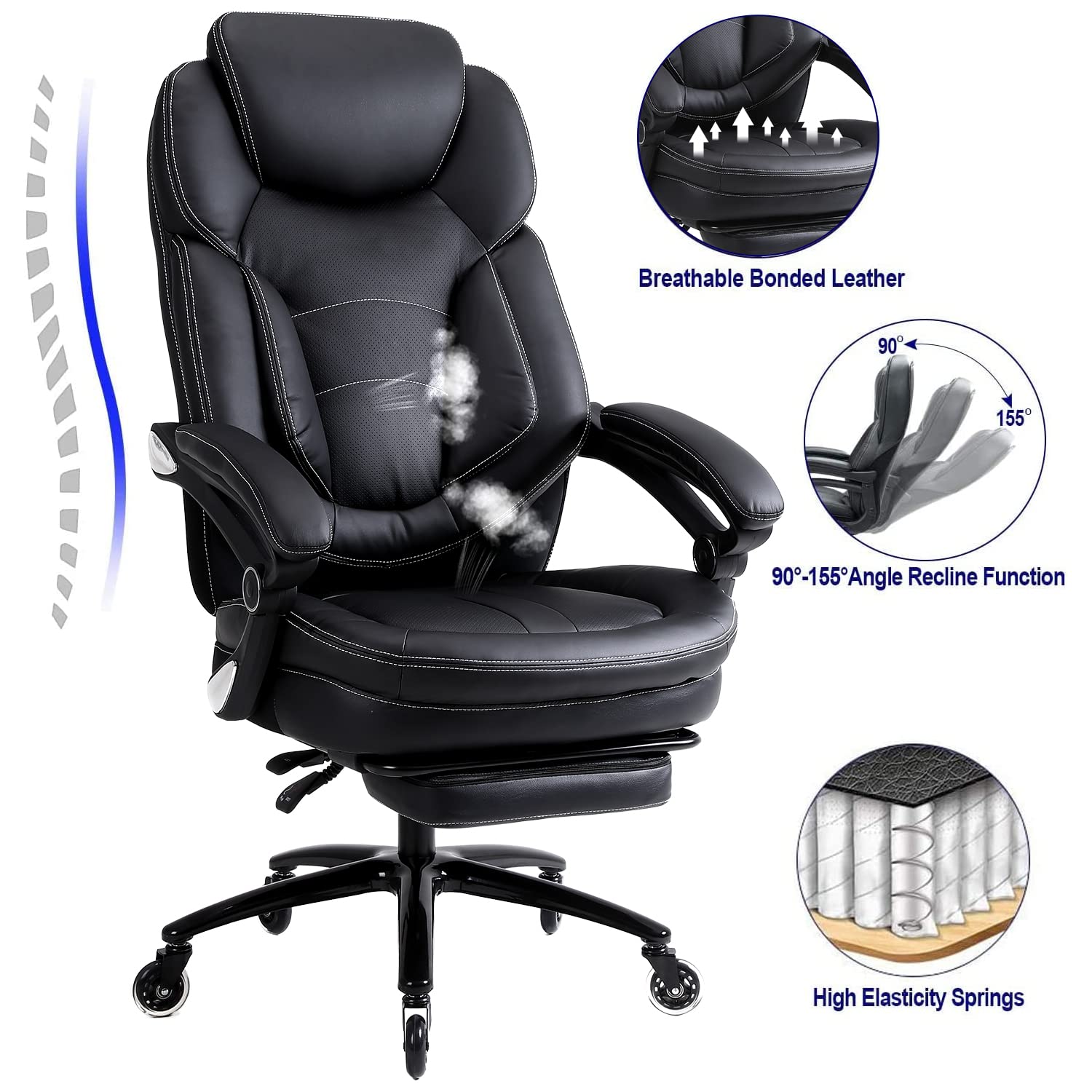 KCREAM Big and Tall Office Chair High Back Massage Reclining Office Chair with Footrest - Executive Computer Chair Home Office Desk Chair Thick Padded Strong Metal Base Quiet Wheels (Black)