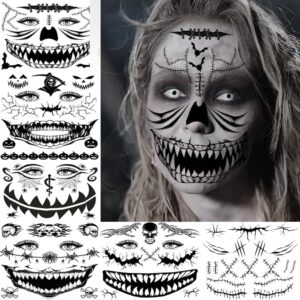 enyacos 7pcs scary halloween face temporary tattoos for women men,skeleton mouth tattoo,halloween makeup adults, 3d spider web face tattoo sticker,fake cuts halloween decor party supplies (a)
