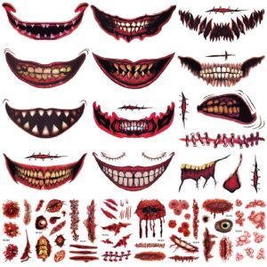cuteliili 74+pcs 21 sheets halloween zombie makeup face tattoos, halloween prank makeup scary big mouth fake tattoos, zombie face decals prank props for halloween cosplay party diy