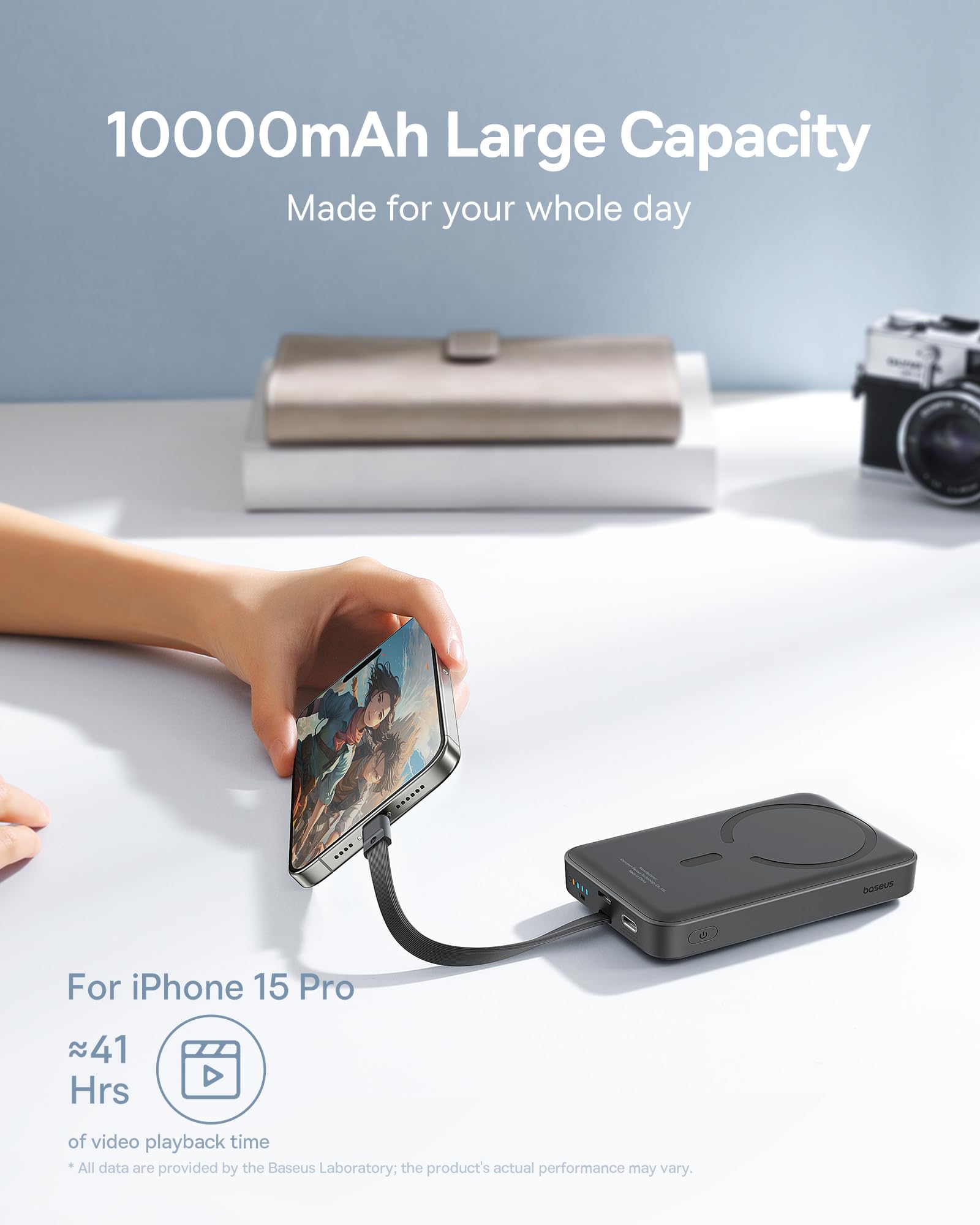 Baseus Magnetic Power Bank, 30W PD Fast Charging 10000mAh for Magsafe Battery Pack Built-in USB-C Cable (in&Out), Power Bank for iPhone 15 Pro Max, iPhone 15/15 Plus/15 Pro, Galaxy, iPad, Pixel, etc.