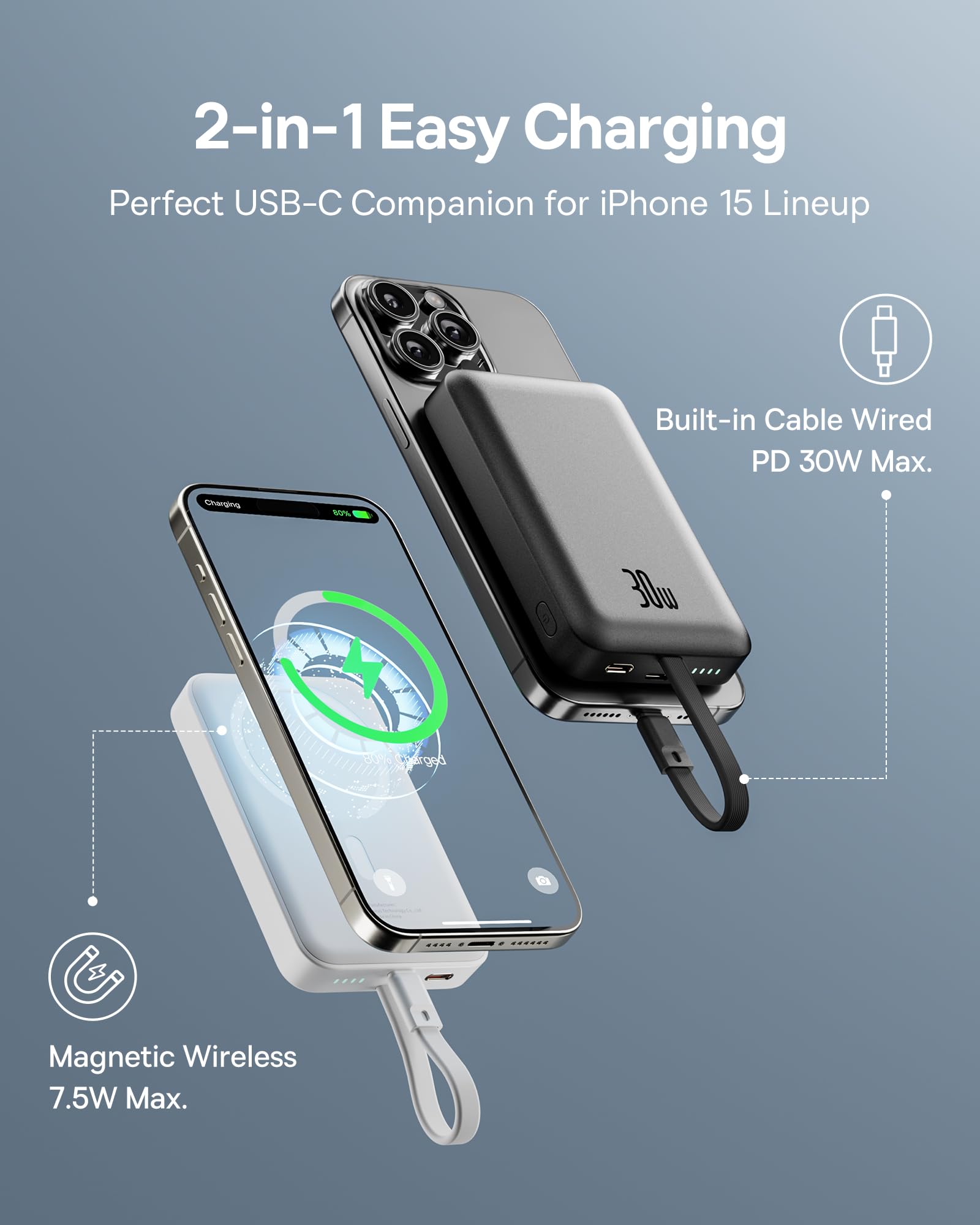 Baseus Magnetic Power Bank, 30W PD Fast Charging 10000mAh for Magsafe Battery Pack Built-in USB-C Cable (in&Out), Power Bank for iPhone 15 Pro Max, iPhone 15/15 Plus/15 Pro, Galaxy, iPad, Pixel, etc.