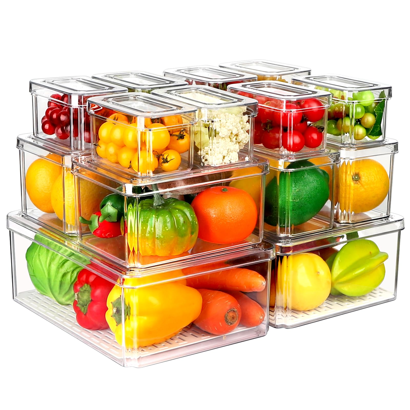 15 Pack Fridge Organizer, Stackable Refrigerator Organizer Bins with Lids PBA-Free, Clear Fridge Organizers and Storage for Kitchen, Countertops, Cabinets, Fridge, Drinks, Fruits, Vegetable, Cereals