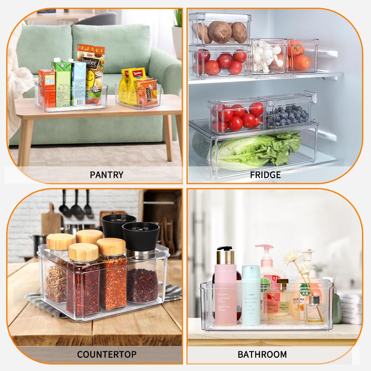 15 Pack Fridge Organizer, Stackable Refrigerator Organizer Bins with Lids PBA-Free, Clear Fridge Organizers and Storage for Kitchen, Countertops, Cabinets, Fridge, Drinks, Fruits, Vegetable, Cereals