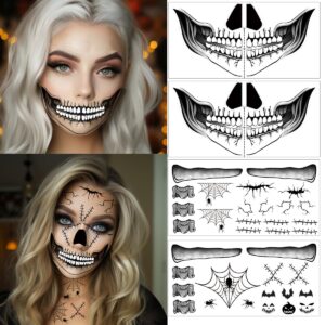 enyacos skeleton mouth tattoo,devil face tattoo,halloween spider web face stickers,halloween make up adults,face tattoos for men and women,horror make up,scary face tattoos (a)