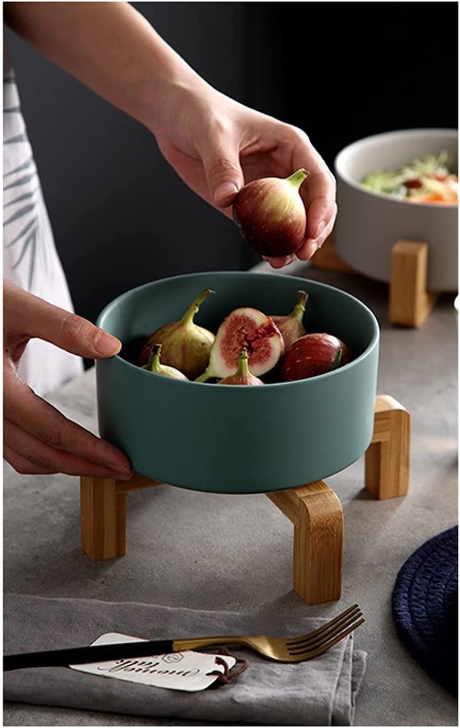 DHAEY Fruit Bowl Fruit Holder Large Fruit Bowl Dessert Bowl Household Wooden Foot Personalized Ceramic Bowl Kitchen (Color : Green)