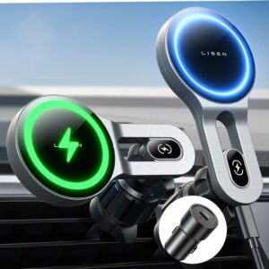 lisen for magsafe car mount charger, 15w wireless charger for car magnetic phone holder mount, phone mount holder for car vent wireless charer fits iphone 15 pro plus max 14 13 12 magsafe case