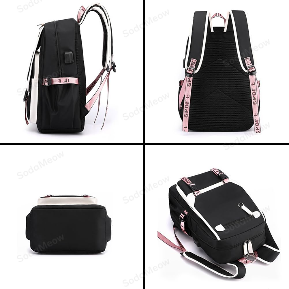 SodaMeow Genshin Impact Backpack Unisex Venti Klee Rucksack Hu Tao Xiao Bag with USB Charging Port, Free Keychain (Pink-A03)