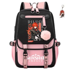 sodameow genshin impact backpack unisex venti klee rucksack hu tao xiao bag with usb charging port, free keychain (pink-a03)