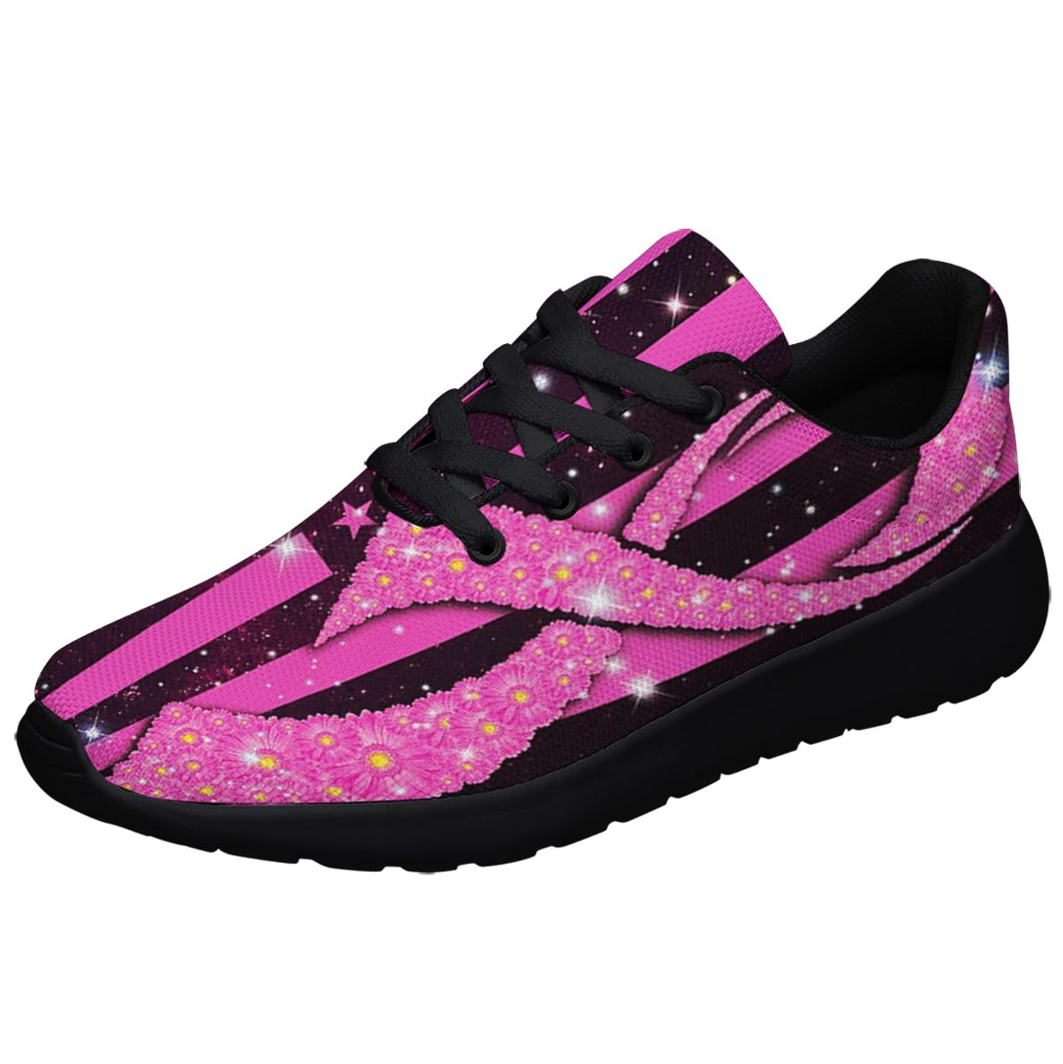 Breast Cancer Shoes for Women Lightweight Running Shoes Outdoor Fashion Cancer Pink Ribbon Sneakers Black Size 6