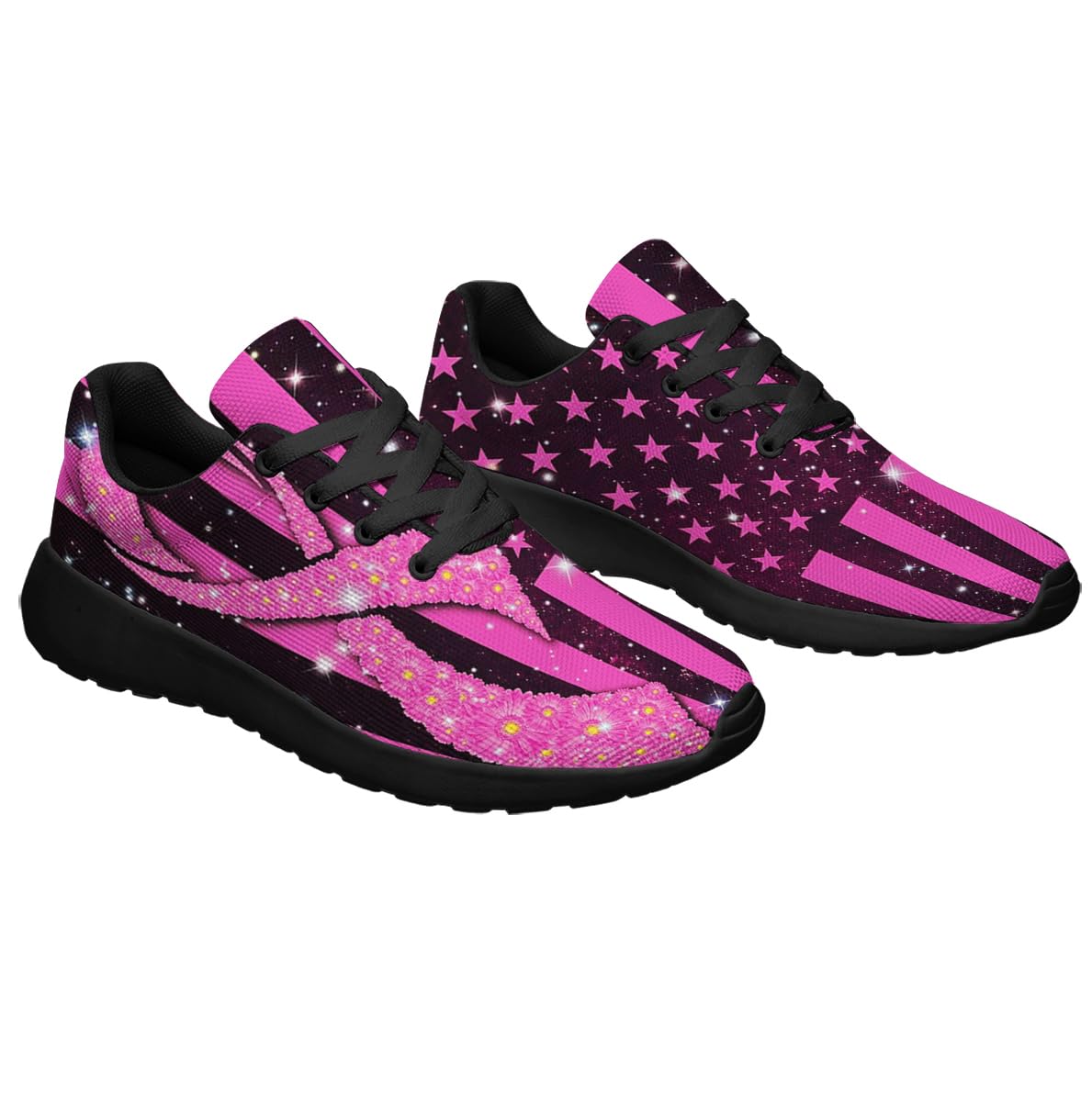 Breast Cancer Shoes for Women Lightweight Running Shoes Outdoor Fashion Cancer Pink Ribbon Sneakers Black Size 6