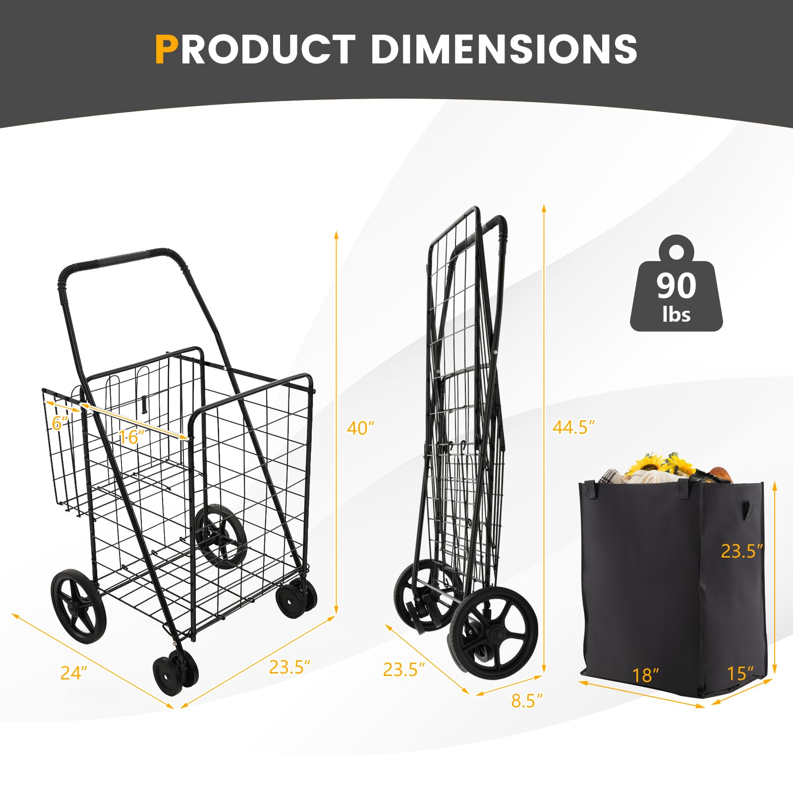 S AFSTAR Shopping Cart with Oxford Liner Bag, 27 Gal Folding Grocery Cart on Wheels, Double Basket, 330 LBS Weight Capacity, Portable Granny Cart Shopping Cart for Market Laundry (Black)