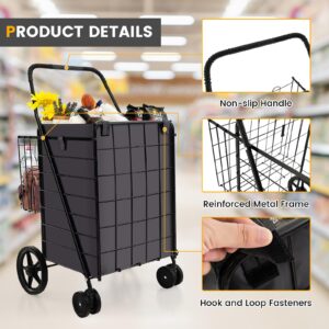 S AFSTAR Shopping Cart with Oxford Liner Bag, 27 Gal Folding Grocery Cart on Wheels, Double Basket, 330 LBS Weight Capacity, Portable Granny Cart Shopping Cart for Market Laundry (Black)