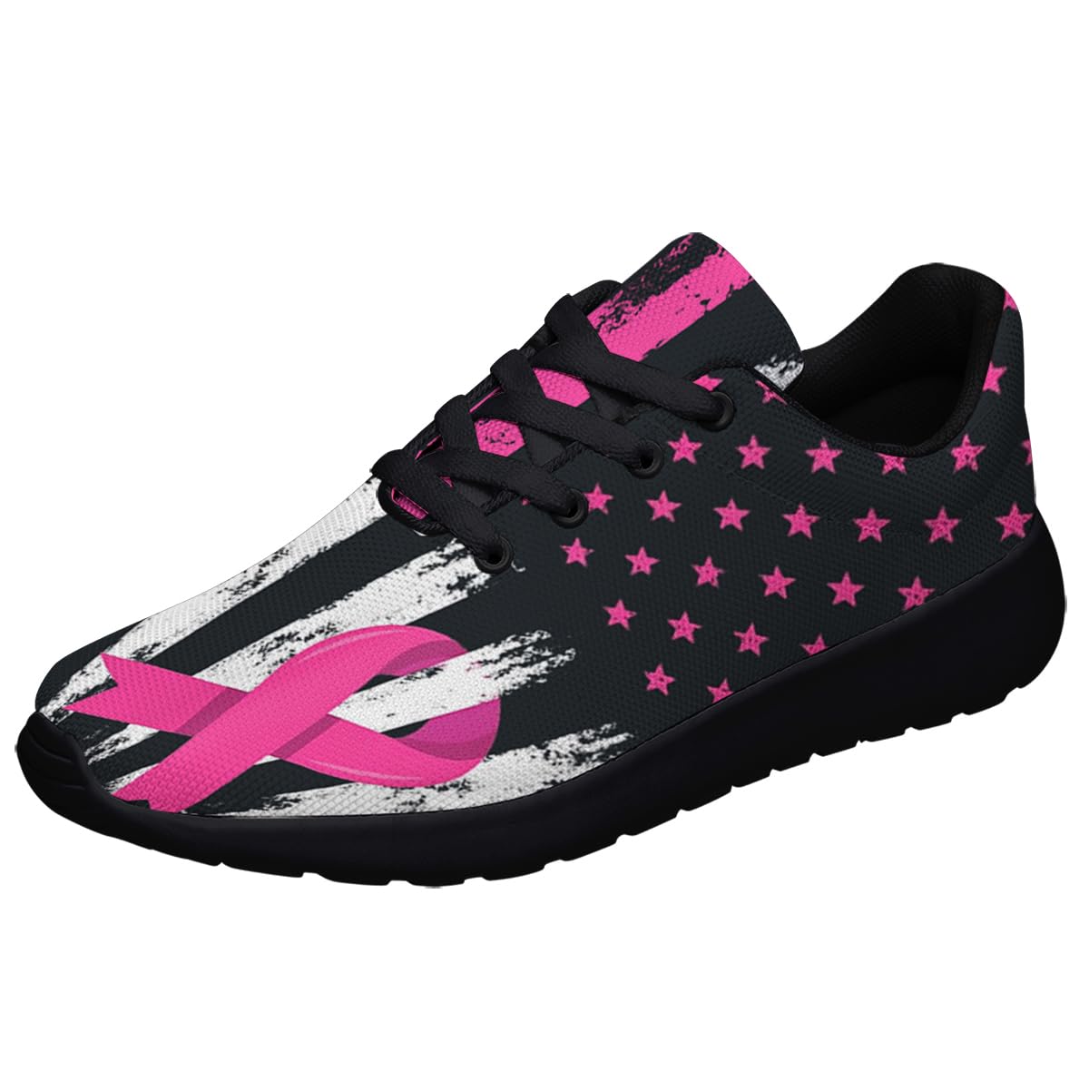 Breast Cancer Awareness Shoes Women Fashion Breathable Running Sneakers Cancer Pink Ribbon Shoes for Ladies Black Size 5