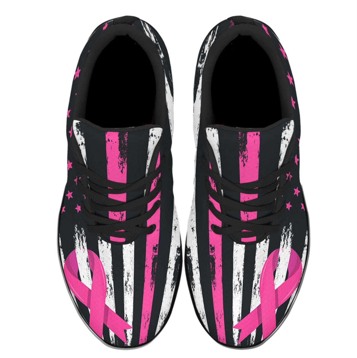 Breast Cancer Awareness Shoes Women Fashion Breathable Running Sneakers Cancer Pink Ribbon Shoes for Ladies Black Size 5