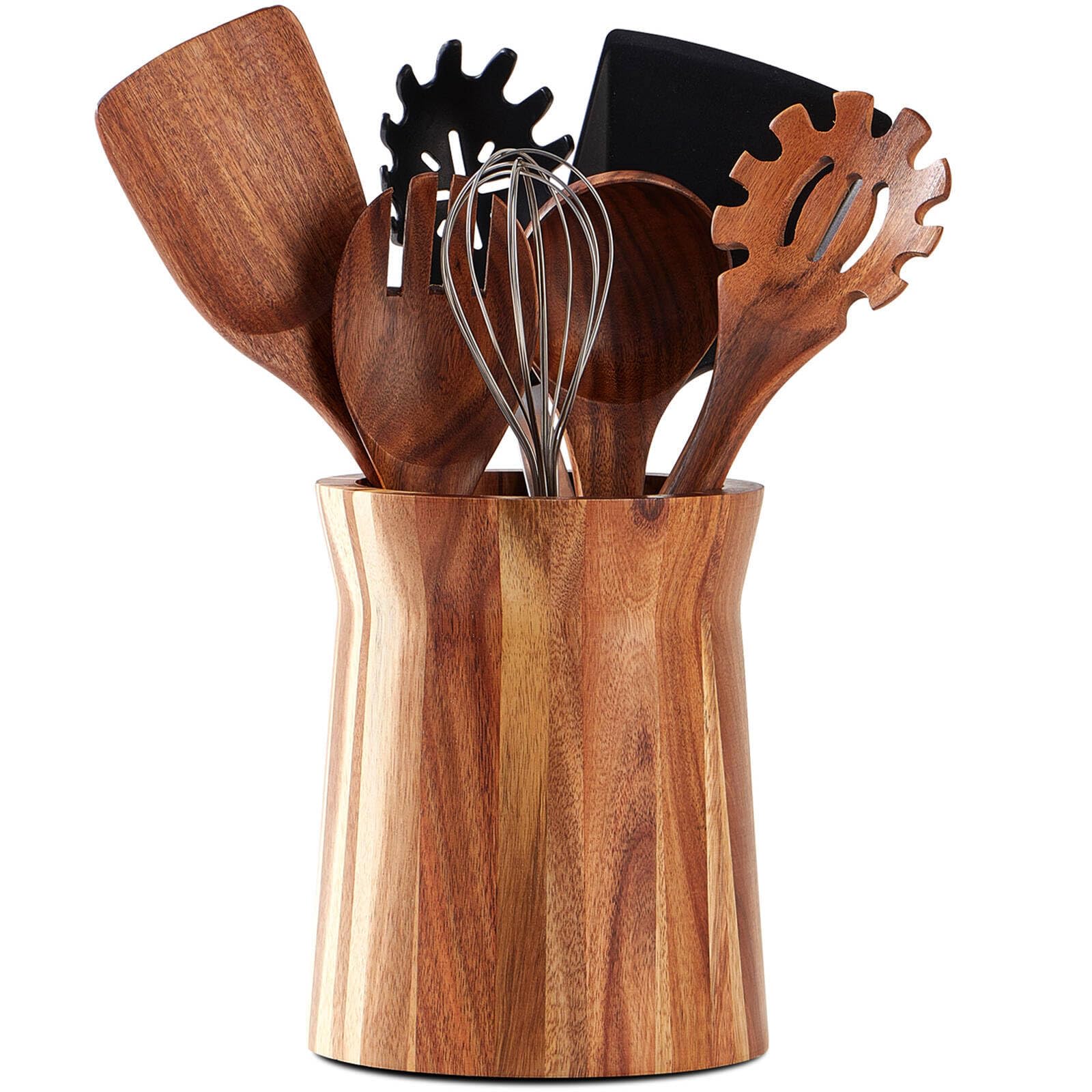 LOHONER Wooden Utensil Holder for Countertop, 360° Rotating Kitchen Utensil Holder, 7.2"x 6" Large Acacia Cooking Utensil Holder for Kitchen Counter, Farmhouse Kitchen Decor