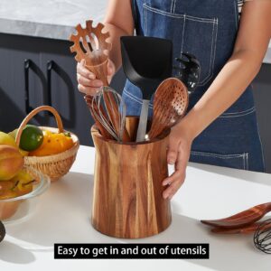 LOHONER Wooden Utensil Holder for Countertop, 360° Rotating Kitchen Utensil Holder, 7.2"x 6" Large Acacia Cooking Utensil Holder for Kitchen Counter, Farmhouse Kitchen Decor