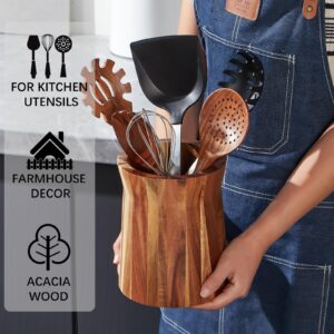 LOHONER Wooden Utensil Holder for Countertop, 360° Rotating Kitchen Utensil Holder, 7.2"x 6" Large Acacia Cooking Utensil Holder for Kitchen Counter, Farmhouse Kitchen Decor