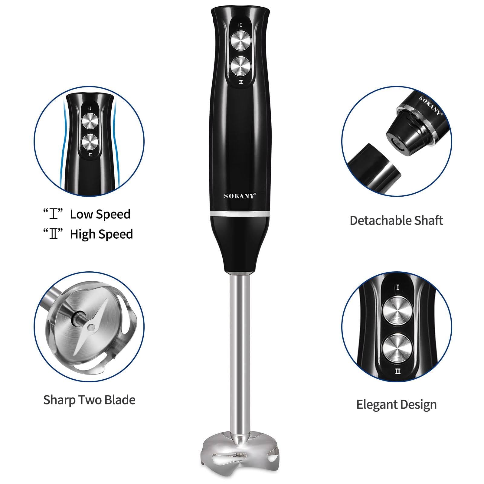 SOKANY 4-in-1 500W Immersion Handheld Blender - Turbo Mode, Stainless Blades