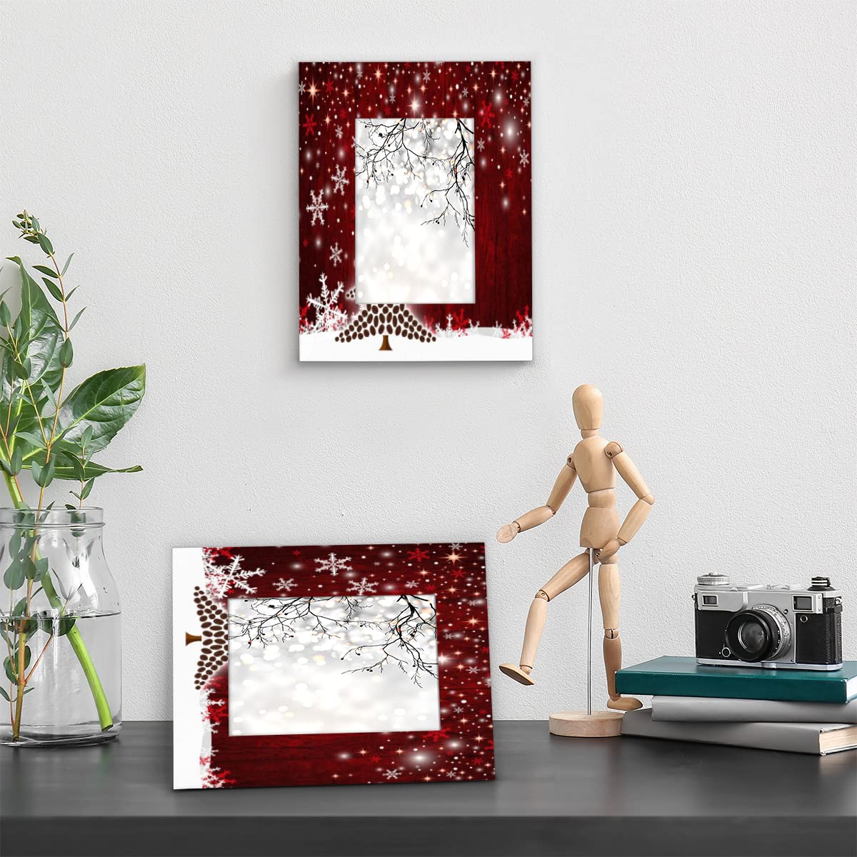 Pardick Christmas Tree 4x6 Picture Frame, Snowflake Red Wooden Photo Frames for Tabletop and Wall Display, Picture Frame Home Office Decor